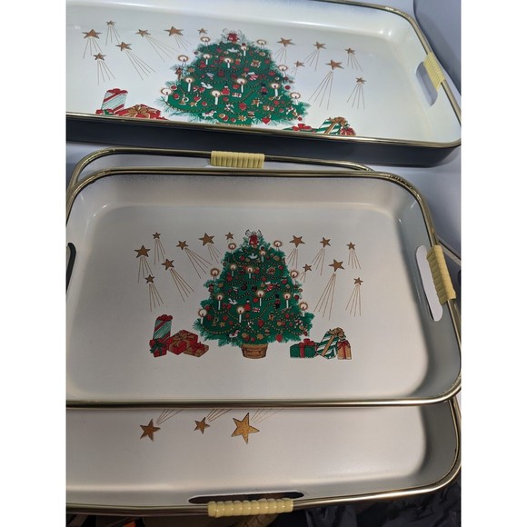 VTG 3 Pc Lacquered Merry Christmas Nesting Trays Hand Decorated w/ box Japan - Picture 6 of 16